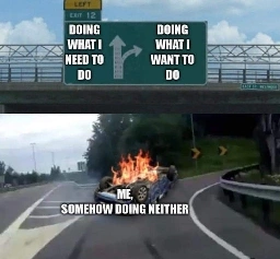 car turning on the offramp meme. sign going straight down the road is labeled Doing what I need to do. the sign to the offramp is labeled doing what I want to do. the car is flipped upside down and is on fire and is labeled Me somehow doing neither