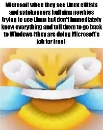 Microsoft when they see Linux elitists and gatekeepers bullying newbies trying to use Linux but don't immediately know everything and tell them to go back to Windows (they are doing Microsoft's job for free): <bass-boosted joy/laughter emoji>