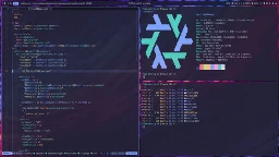 Screenshot of desktop with tiled terminal windows running neovim, neofetch and eza