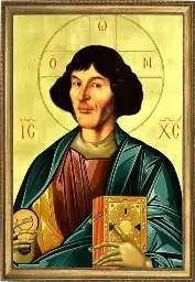Copernicus depicted as an eastern orthodox christianity icon having a silly smiling lightbulb in his hand