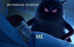 a monster hovers over a child pretending to sleep. the monster is labeled my financial situation.  the child is labeled me
