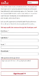 A Canadian Liberal Party form used to sign a thank you card for Prime Minister Justin Trudeau. The message field reads: I hope you were the worst this party has to offer