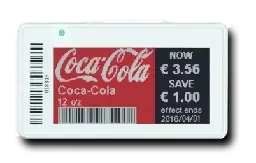 An image of an e-ink shop pricing label, displaying a product name, company logo, discount, and when the discount expires.