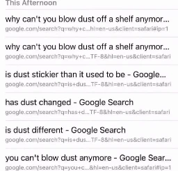 a series of Google searches:
●Why can't you blow dust off a shelf anymore
●is dust stickier than it used to be
●has dust changed
●is dust different 
●you can't blow dust anymore