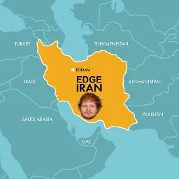 Image of a map of Iran, with the name of the country modified to be "Edge Iran" and with a goofy picture of Ed Sheeran below it