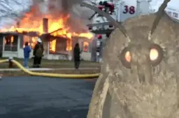 Disaster Girl meme but with the Moth Lamp moth in place of the girl