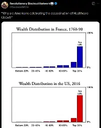 A tweet saying " “Why are Americans celebrating the assassination of Healthcare CEOs!?” " with an image showing parallels between the wealth inequality in France between 1760 to 1790 and wealth inequality in the US in 2016