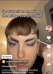 A screenshot of a TikTok that says “Spock before reporting to the bridge every morning”. The creator is holding an eyeshadow brush and applying deep purple eyeshadow above their eyes. They have also given themself Vulcan eyebrows. The overall effect is camp and obviously done by someone who knows a lot more about makeup than me 