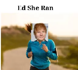 A picture of a lady running with a badly cropped face of Ed Sheeran replacing hers, with the title " Ed She Ran"