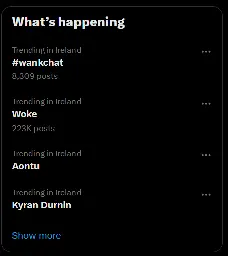 A twitter "Trending" panel. It is titled "Whats happening". It consists of "#wankchat" "Woke" "Aontu" and "Kyran Durnin" They are all trending in Ireland.
