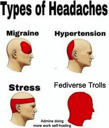 Types of headaches meme migraine front part of head hypertension back part of head stress back and around head and fediverse trolls all of head when admins doing more work self-hosting