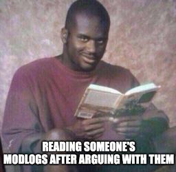Man smiles to camera after looking book "Reading someone's modlogs after arguing with them"