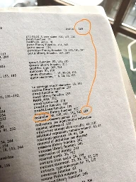 A photo of a books index, where "recursion" points to, among others, the page of the index