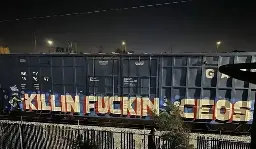A freight train carriage with graffiti saying "Killin Fuckin CEOS"