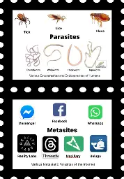 Two frame meme. First frame shows various parasited like ticks and fleas and lice. Second frame shows "metasites" which are blood sucking sites like facebook and apps like Whatsapp.