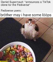 Image macro, based on a digital photograph of a fluffy and very chubby calico cat sitting on the floor on its hindquarters and looking upward at the bowl of Fruit Loops in the bottom left corner of the image. At the top of the image, there is a very light grey space with a two-part caption. It starts with: “Daniel Supernault: *announces a TikTok clone for the Fediverse.” This is followed by a blank line and, “Fediverse users:”. Between the grey space and the image, there is a narrower white space with another caption that has been part of the image for longer than the grey space. The caption speaks for the cat, “bröther may i have some lööps”, with the “o”s being umlauts.