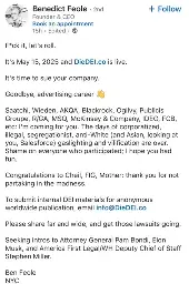Benedict Feole. 2nd Founder & CEO
Book an appointment

F*ck it, let's roll.
It's May 15, 2025 and DieDEI.co is live.
It's time to sue your company.
Goodbye, advertising career
+ Follow
Saatchi, Wieden, AKQA, Blackrock, Ogilvy, Publicis Groupe, R/GA, MSQ, McKinsey & Company, IDEO, FCB, etc: I'm coming for you. The days of corporatized, illegal, segregationist, anti-White (and Asian, looking at you, Salesforce) gaslighting and vilification are over. Shame on everyone who participated; I hope you had fun.
Congratulations to Cheil, FIG, Mother: thank you for not partaking in the madness.
To submit internal DEI materials for anonymous worldwide publication, email info@DieDEI.co
Please share far and wide, and get those lawsuits going.
Seeking intros to Attorney General Pam Bondi, Elon Musk, and America First Legal/WH Deputy Chief of Staff Stephen Miller.
Ben Feole
NYC