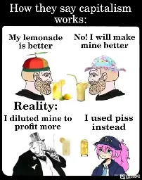 Top Panel: "How they say capitalism works:" Two glasses of lemonades are shown, each carried by a person. One says "My lemonade is better." The other says "No! I will make mine better." Bottom Panel: "Reality:" One says "I diluted mine to profit more." The other says "I used piss instead."