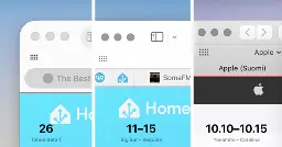 Collage of three screenshots, showing a comparison of the upper left corner of Safari between Mac OS 10.10–10.15, 11–15 and 26. With each redesign, the Safari UI gets taller.