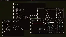 The Nimdow Window Manager showing various xTerm terminals, with most of them having something in them. 