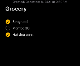 Grocery list containing spaghetti, hot dog buns, and Mambo Number Six