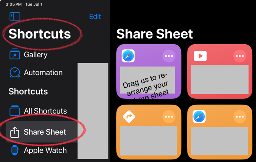 Screenshot of iPadOS Shortcuts App showing the Share Sheet folder, indicating tiles may be re-arranged