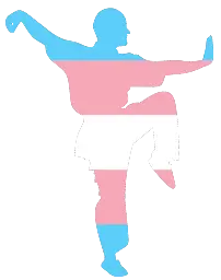 Silhouette of a person striking a pose. The silhouette is colored like the trans pride flag.
