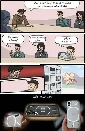That's the meme format of a brainstorming session of a corporation. The boss asks, how to make mothing phones worthy. Some suggest better privacy or battery life, but one suggests lights on the back. The boss gets angry and this person flies from the window in a form of moth. After a subtitle 'later this year' there are photoes of Nothing Phones with lighting led tubes on the back.