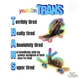 A turtle and a snail each on their own skateboard, with the text: "Yeah, I'm TRANS: Terribly tired, Really tired, Absolutely tired, Not identifying with my gender assigned at birth also I'm tired, Super tired."