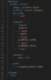 Docker Compose File:
services:
  webdav-server:
    image: rclone/rclone
    restart: unless-stopped
    env_file:
      - ".env"

    command:
      - "serve"
      - "webdav"
      - "--addr"
      - ":8080"
      - "--user"
      - ${WEBDAV_USER}
      - "--pass"
      - ${WEBDAV_PASS}
      - "/srv"

    volumes:
      - data:/srv

    ports:
      - ${WEBDAV_PORT}:8080

volumes:
  data:
