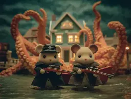 Two Sylvanian Families mice standing in front of a seaside town, a mass of tentacles erupt from a building behind them