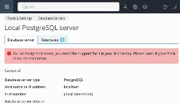Screenshot of the Plesk admin panel. 
"Database Servers, Local PostgreSQL server"
Error message: "To use PostgreSQL server, you need the support for it in your license key. Please consult your Plesk sales representative."