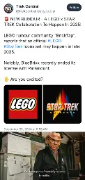 Screenshot of a tweet indicating Lego will release Star Trek sets by the end of 2025 underwhich is a sceen from "The Tiger King" with Quark's head superimposed over Joe Exotics' with the words "I'm never gonna financially recover from this." in white text