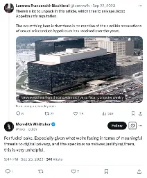 Pair of tweets. First tweet by Lorenzo Franceschi-Bicchierai @lorenzofb · Sep 22, 2023 There's a lot to unpack in this article, which tries to salvage Jacob Appelbaum's reputation.    The worst thing here is that there is no mention of the credible accusations of sexual misconduct Appelbaum has received over the years. Second tweet by Meredith Whittaker @mer__edith For fucks' sake. Especially given what we're facing in terms of meaningful threats to digital privacy, and the specious narratives justifying them, this is very unhelpful.