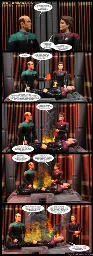 Five-panel photo comic made with posed action figures. Panel 1: closeup of the Doctor and Janeway in Voyager's sickbay. Doctor: "Please state the nature of the medical emergency." Janeway: "Chakotay crashed another shuttle. He's suffering from first degree burning." Panel 2: a wider shot revealing that the Doctor and Janeway are standing behind Chakotay laying on the sickbay's bio bed. A small flame rises from Chakotay's abdomen. The Doctor hands Janeway a PADD and says "I see. Captain, while I was offline my software was updated. Before I can administer medical treatment, I need you to review and approve the new license agreement for my holographic matrix." Panel 3: The flame on Chakotay has spread to more of his abdomen and crotch, and is smoking heavily. Janeway looks at the PADD and says, "This license agreement is 75 pages long." Doctor: You can just scroll to the end and tap the 'accept' button." Panel 4: the flames have spread to more of Chakotay's abdomen, crotch, and thighs. Janeway: "Doctor, I can't just blindly accept terms like that. This is a complicated legal agreement. I need to get Tuvok's analysis." Panel 5: The flames now cover most of Chakotay's body, from his face to his knees, and there is much more smoke. Doctor: "What should I do about Commander Chakotay in the meantime?" Janeway: "Give him his medicine bundle and play some pan flute music. That usually takes care of him." "Chakotay: "And mix in some hawk cries for ambience."