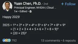 happy 2025!
2025 = (sum of cubes of 1 through 9)
= square of the sum of 1 to 9
= square of (20 + 25)