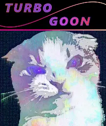angry, neon, plasma cat in front of matrix-style background. Text reads "TURBO GOON"