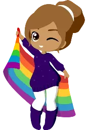 illustration of a girl wearing a dark people pullover with tights and dark purple boots. She is holding a large pride flag behind her back. She looks very comfortable with herself and looks very lovely.