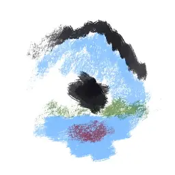 painting that looks like an eye with a landscape inside it, sea in the landscape reflecting a red sun