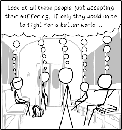 A train carriage with five different people, all secretly thinking: "Look at all these people just accepting their suffering. If only they would unite to fight for a better world..."