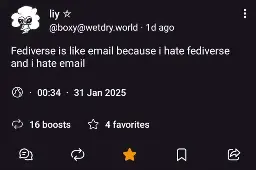 Liy on Mastodon: "Fediverse is like email because i hate fediverse and i hate email".