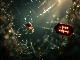 Macro photography of a spider in its web. A neon sign next to the web reads “Free lodging”. 