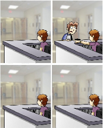 Receptionist waits in panel one, points a patient to a room in panel 2, and waits in panel 3 and 4.
