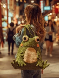 A woman carrying a cute tote bag shaped like a toad. She's walking down a busy shopping street at night. It's a bad pun, nothing else :)