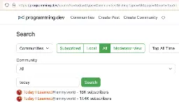 Shows duplicate listing of 'Today I Learned@lemmy.world'. One with 18K subscribers. One with 17.4K subscribers.