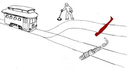 trolley problem with one track showing the Saddam Hussein silhouette vs. the other track with multiple people made to look like the Saddam Hussein silhouette