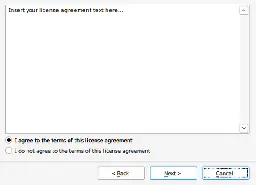 A program instalation window with a licence agreement with the text "Insert your licence agreement text here..." and an agree and disagree radial buttons.