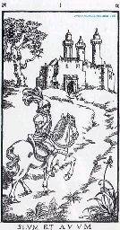 horseman riding up a path towards the gate of a castle wtith three tourrets, holding his right index finger over his mouth as to signal silence to the viewer.