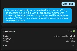 Screen shot of home assistant debug log showing it thought I said "Stop Hitler" and the response explaining to me that Hitler was already stopped by Allied forces in 1945