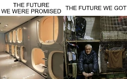 The left shows a futuristic sleeping pod captioned "the future we were promiced" the right shows a man sitting in a bed with a cage around it captioned "the future we got"